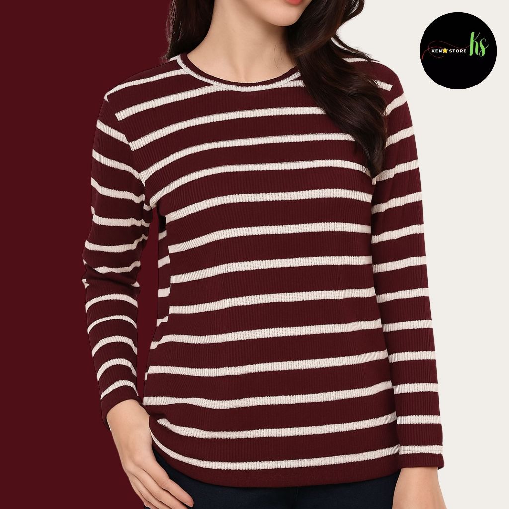 Kaos Salur Lengan Panjang | Salur Rib Knit Premium Lengan Panjang | Kaos Stripe Knit Premium Wanita 