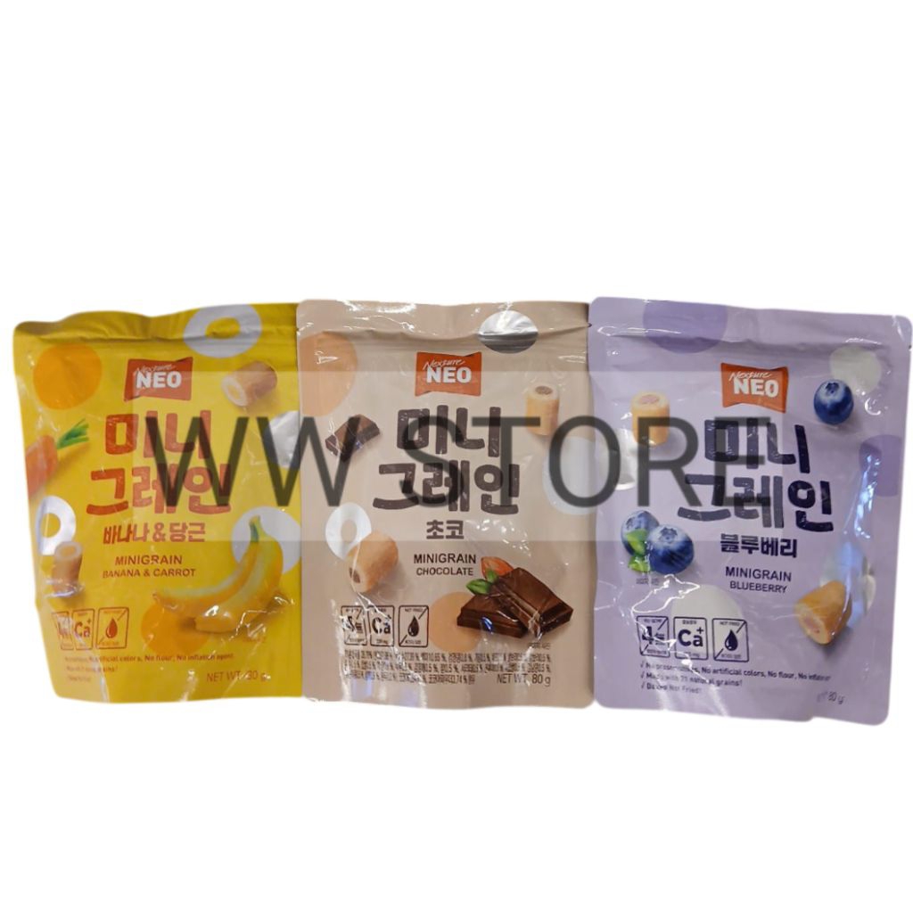 

Wafer gulung mini Korea Selatan South Korean Nexture NEO MINIGRAIN CHOCOLATE / BLUEBERRY / BANANA CARROT Roll Wafers 80g