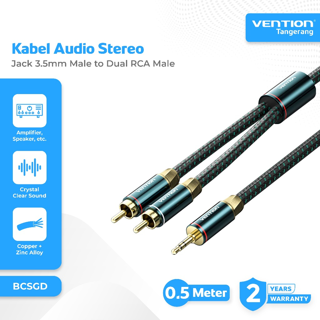 Vention Kabel Audio Stereo Jack 3.5mm Male to Dual RCA Male Braided Copper Pro Series 0.5 Meter - BC