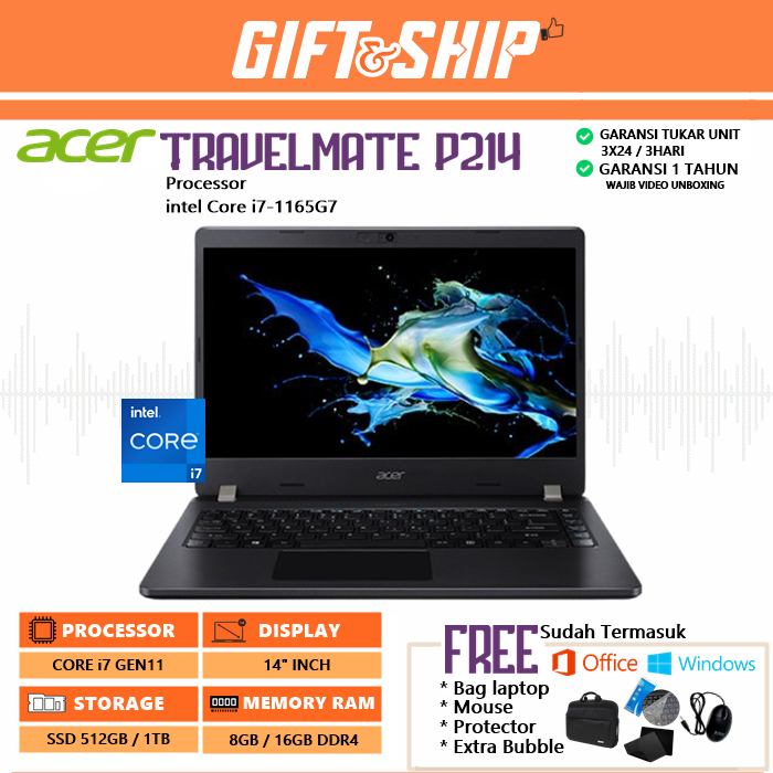 ACER TRAVELMATE P214 Core i7-1165G7 [RAM 16GB/SSD 1TB] 14" INCH W 11 FREE BAG LAPTOP