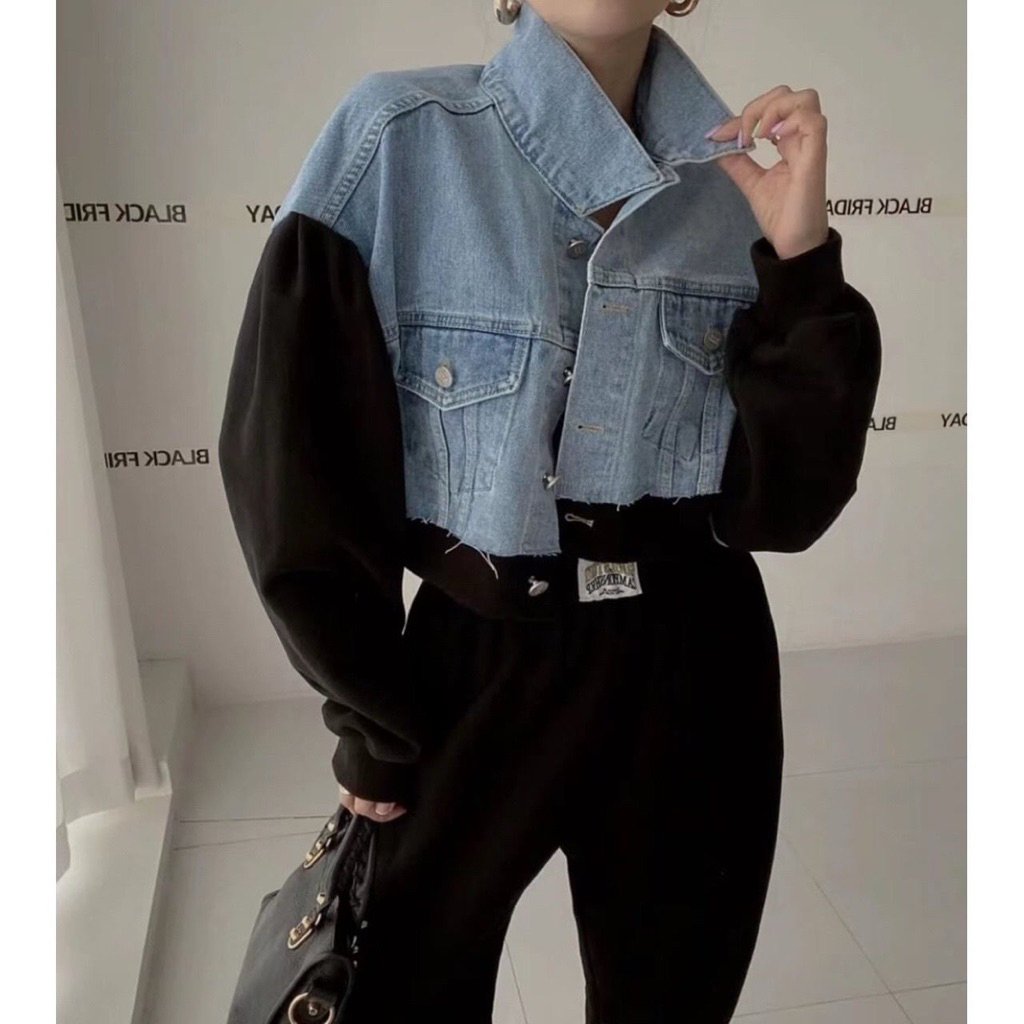 Jaket wanita Kombinasi Lengan Balon | Crop Jacket Jeans Casual Kekinian - Cream Putih Hitam