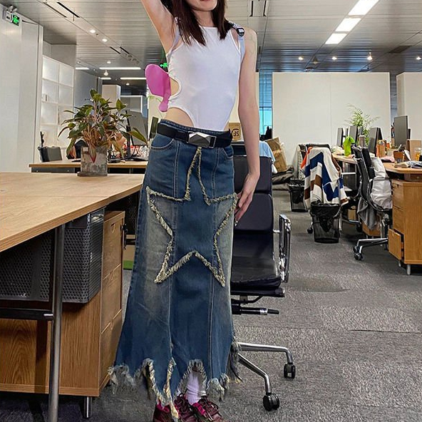 [Ready] Rok jeans/star rok pendek/rok denim wanita/Rok panjang sedang berpinggang rendah/y2k Rok Den