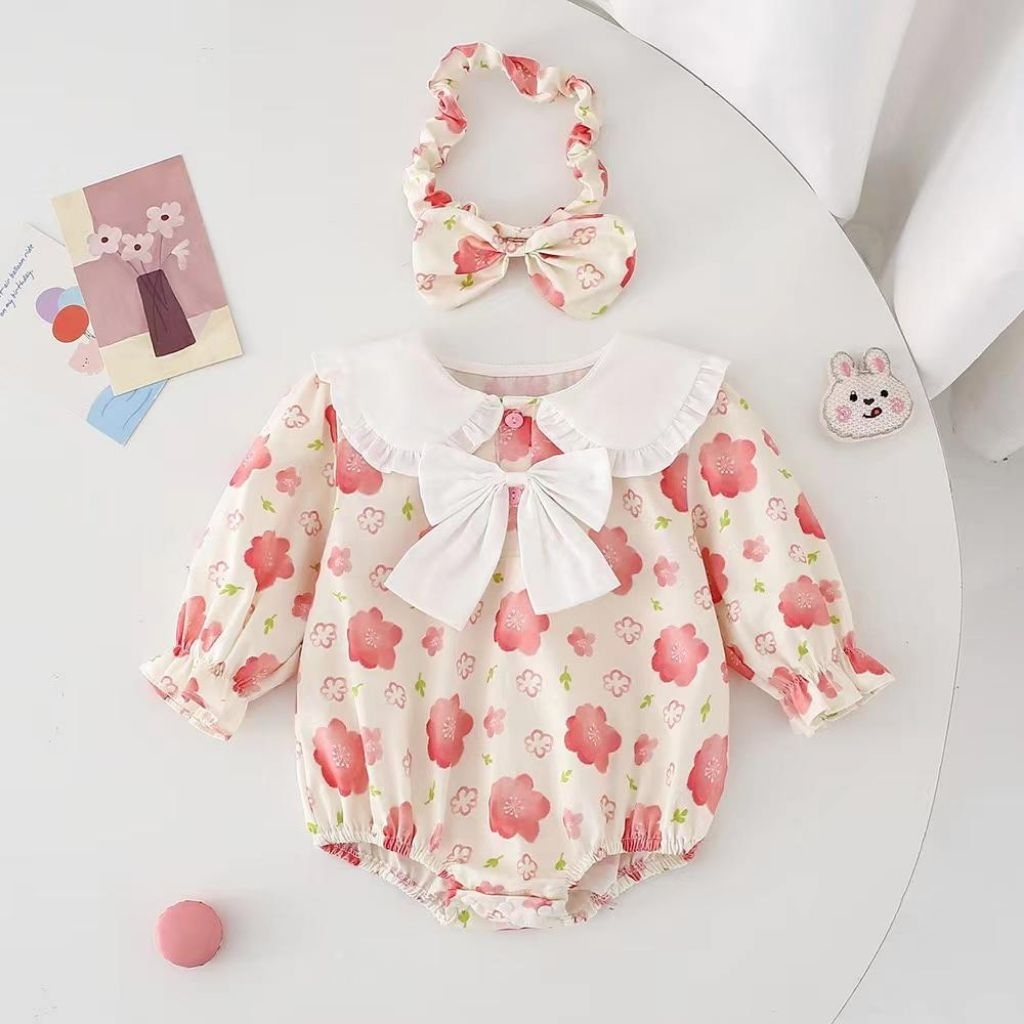 (A00677)Jumper Bayi Mahkota Bunga+Bando(Usia 3-18Bulan)