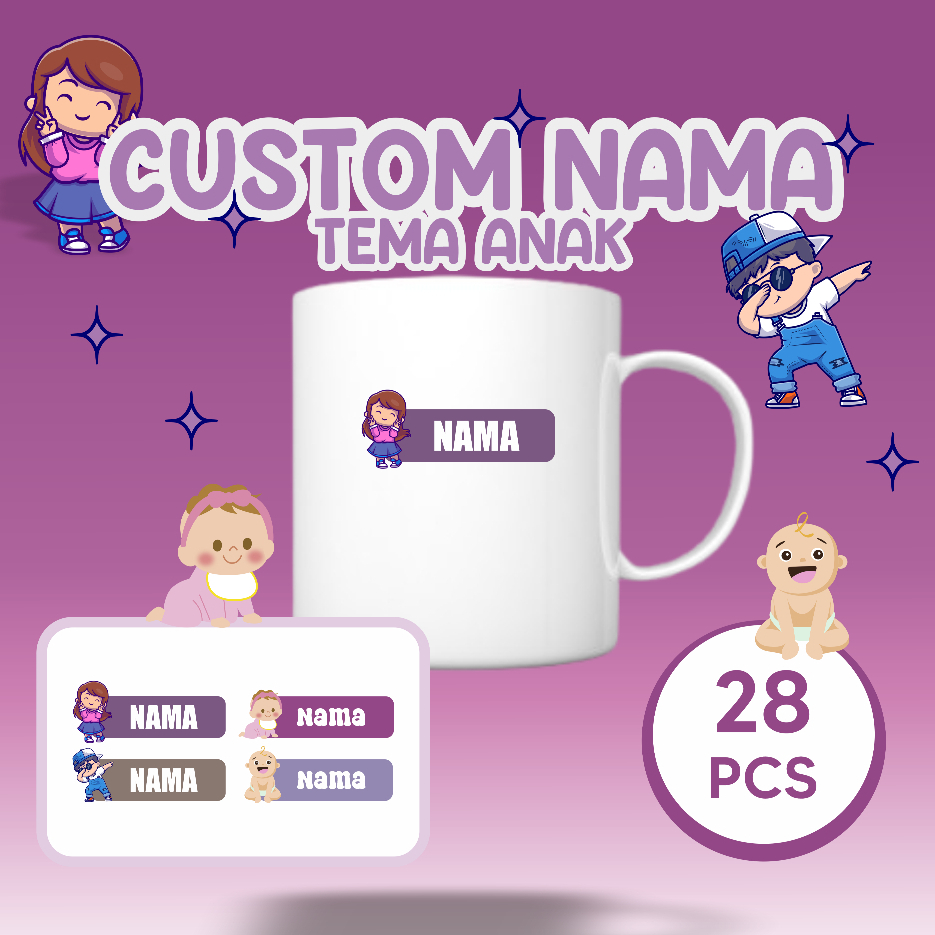 

Stiker Custom Tema Anak (COD) Stiker Nama Anak Stiker Gelas Piring Stiker Custom Tahan Air Waterproof 28 PCS