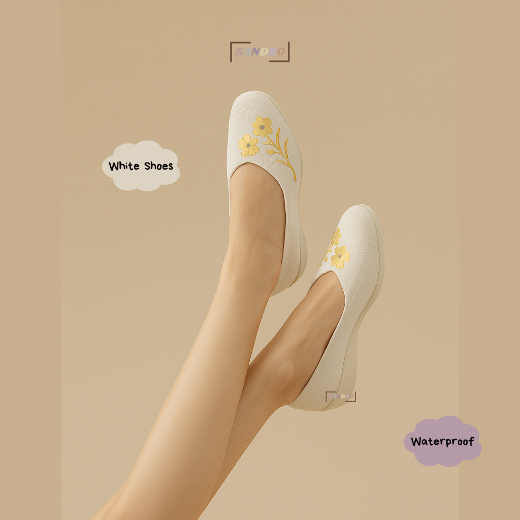 SandSo Sepatu Karet Pantofel Wanita Flat Shoes Elegant White Slip On Putih Anti Slip Casual & Nyaman