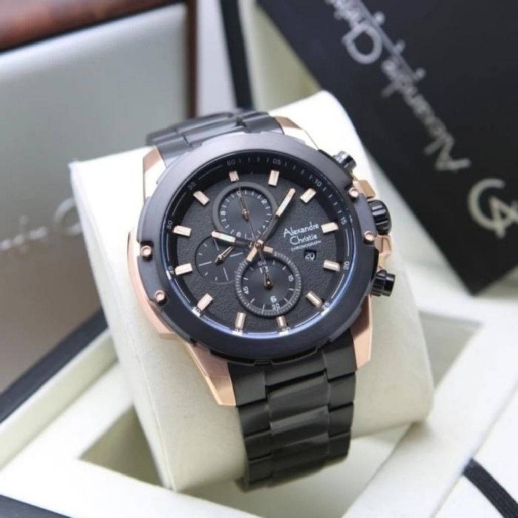 JAM TANGAN PRIA ORIGINAL ALEXANDRE CHRISTIE AC6583MC  ROSEGOLD BLACK STAINLESS STEEL