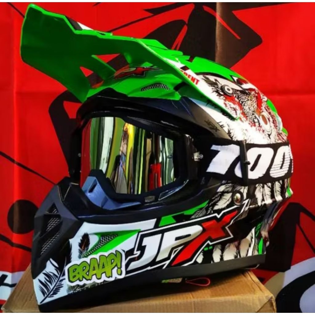 Helm JPX Cross Fox1 X13 Owl Burung Hantu Hijau Green Ijo Stabilo + Kacamata Goggle Google 100% Ongki