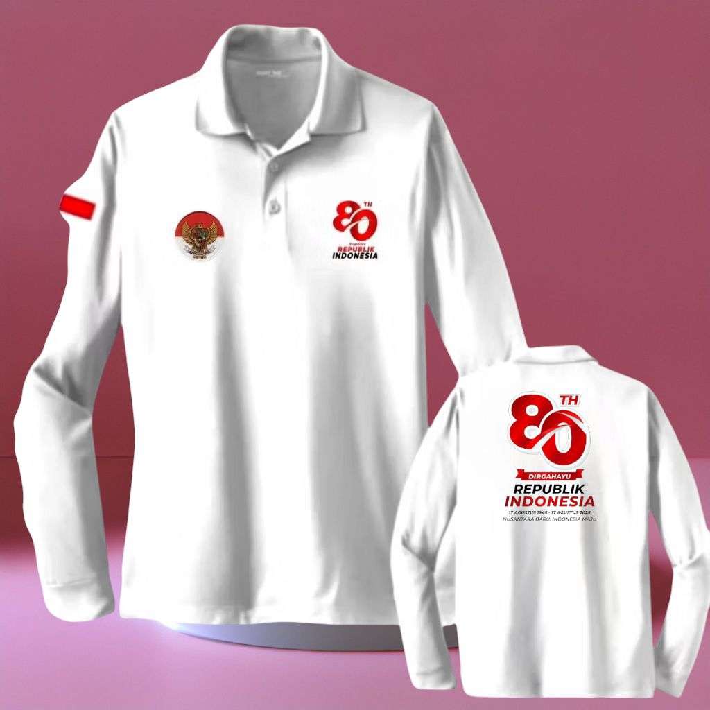 kaos polo shirt baju lacos katun 80th hari kemerdekaan Indonesia putih panjang full bordir