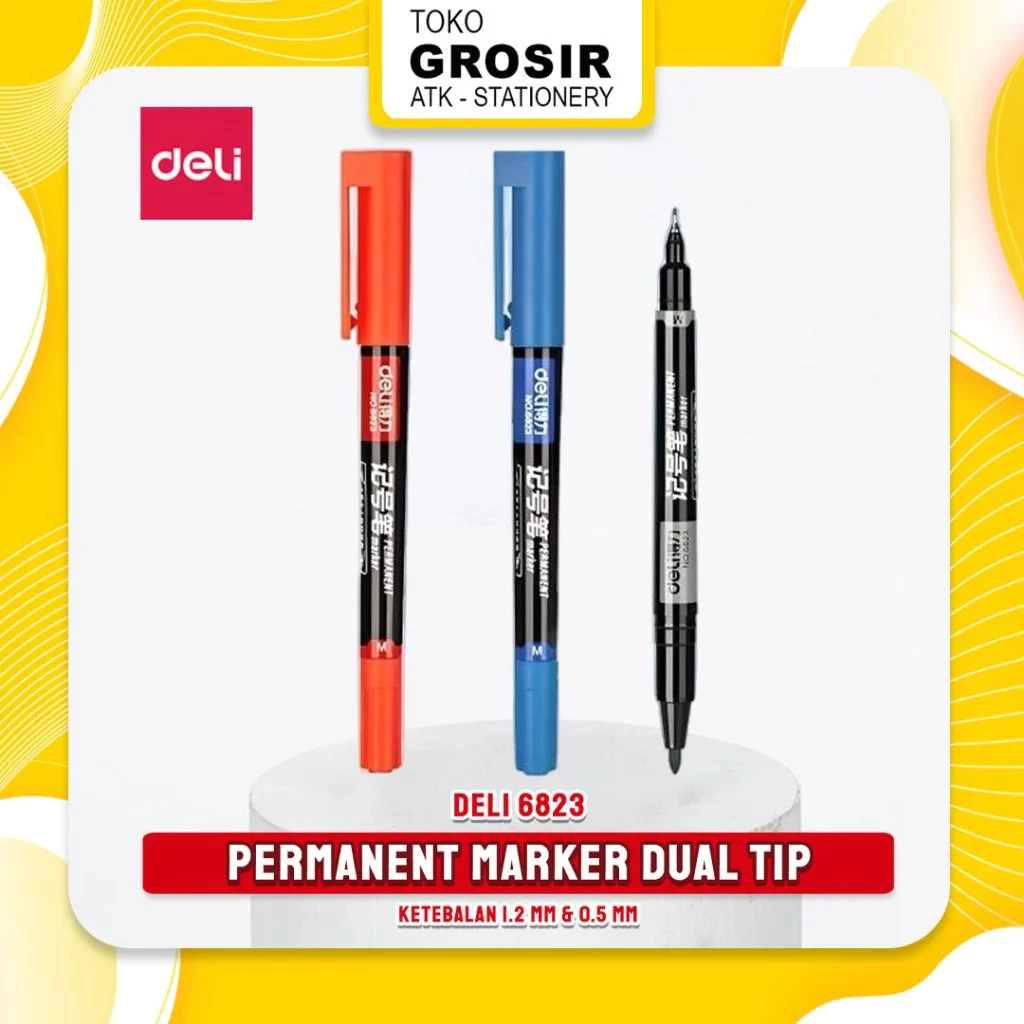 

(LIVE) Permanent Marker 6823 / Spidol Permanen Deli Double Tip / Dapat Menulis Disegala Permukaan 2