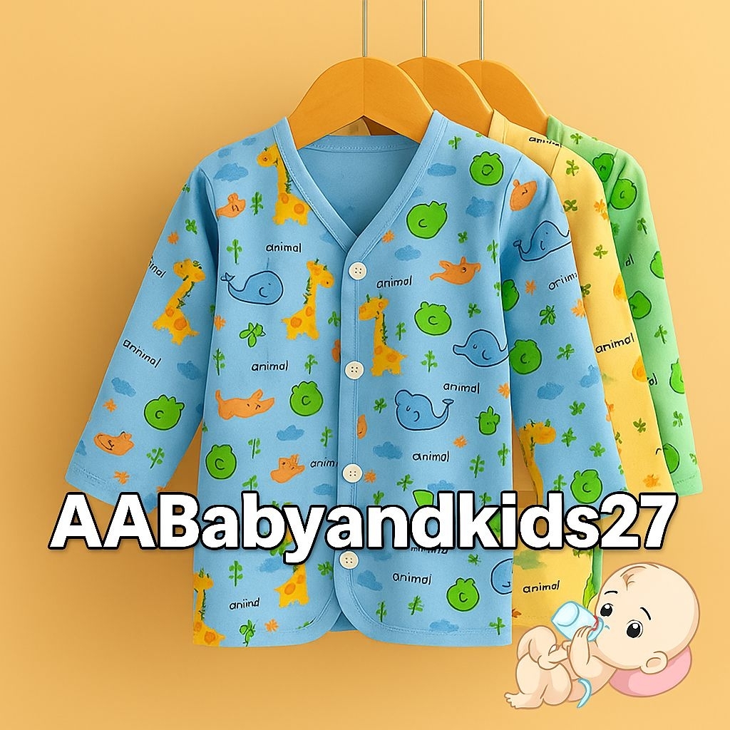 AAbabyandkids27 3PC Baju Bayi Baru Lahir Lengan Panjang Motif Cerah Model Kemeja/Kancing Depan 0 6bu