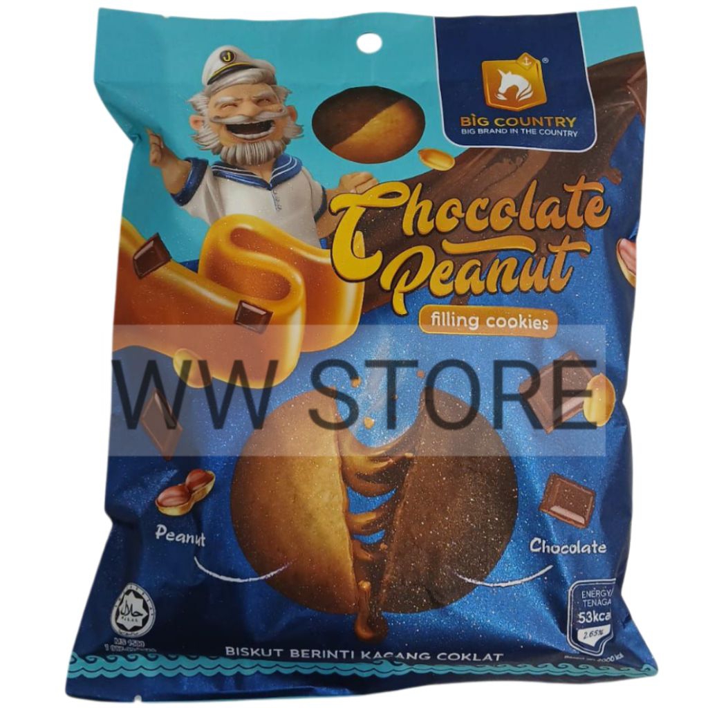 

Kukis isi krim coklat cokelat kacang halal MUI BIG COUNTRY Chocolate Peanut filling cookies 80g