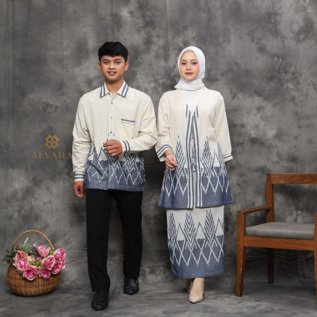Baju Couple Kondangan One Set Wanita Kekinian Kemeja Batik Pria Utari Putih ALVARA Big Size Jumbo