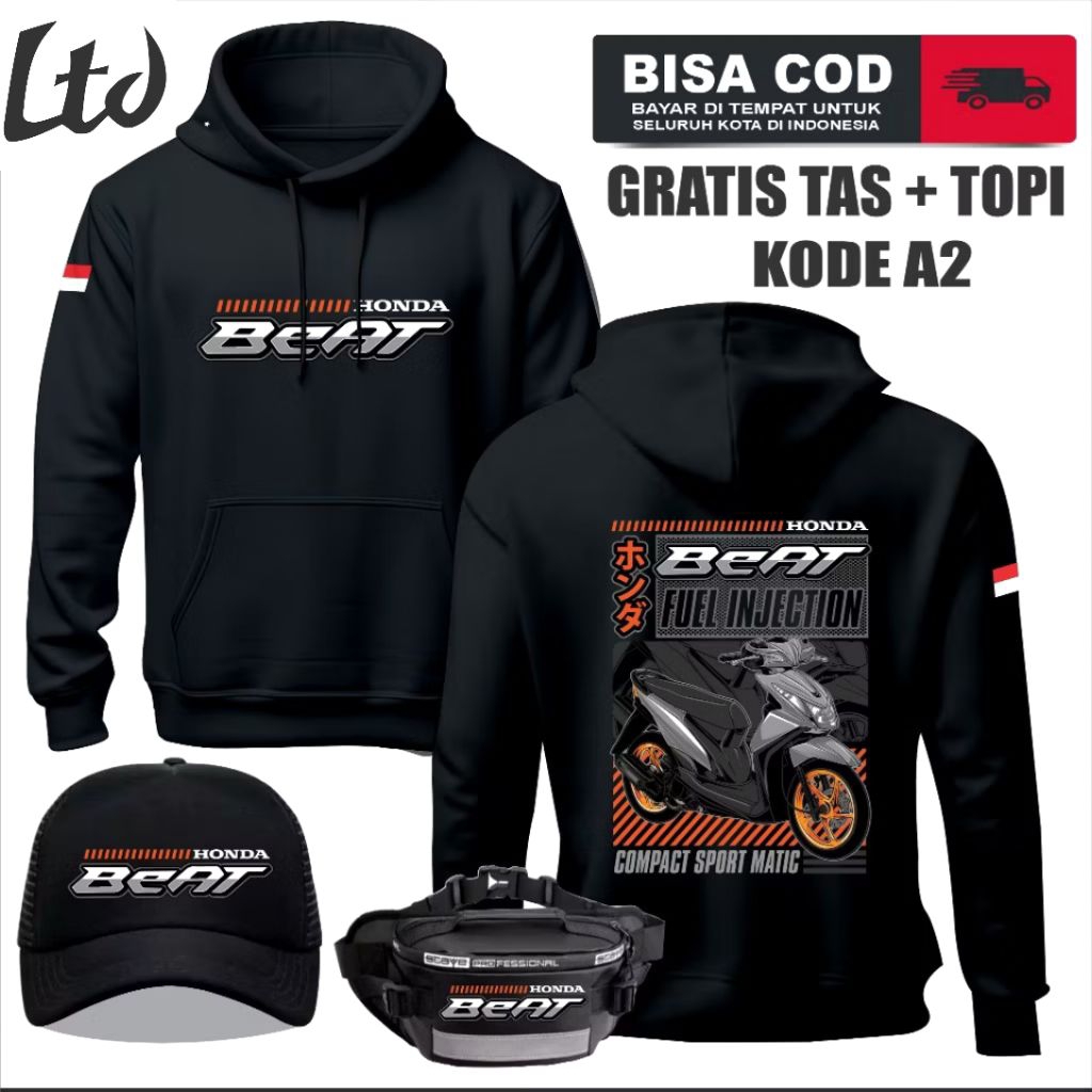 HOODIE HONDA BEAT NEW ORIGINAL GRATIS TAS TOPI SWEATER HONDA BEAT INDONESIA PRIA WANITA BAHAN BERKUA