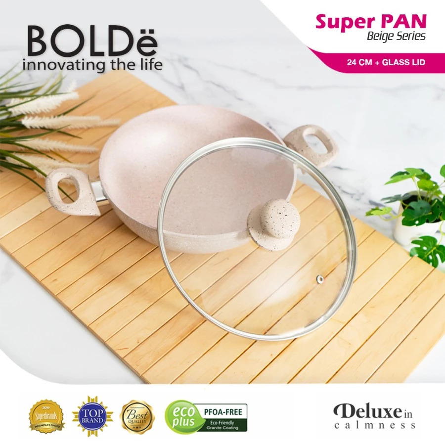 Bolde Super Pan 2 Ear Wok (Wajan) Beige + Tutup Kaca 24Cm