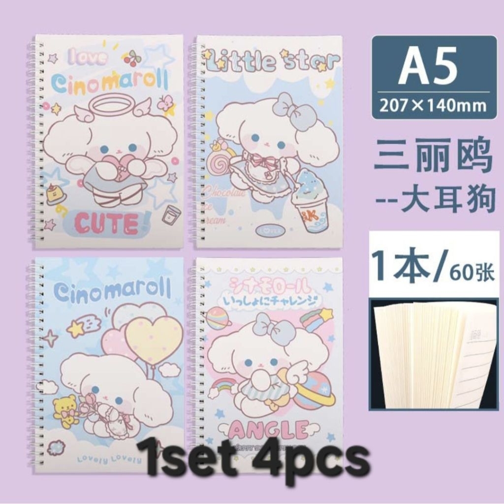 

1set 4pcs Buku catatan A5 A7 buku spiral notebook cinamorol kitty pompurin capybara pochaco
