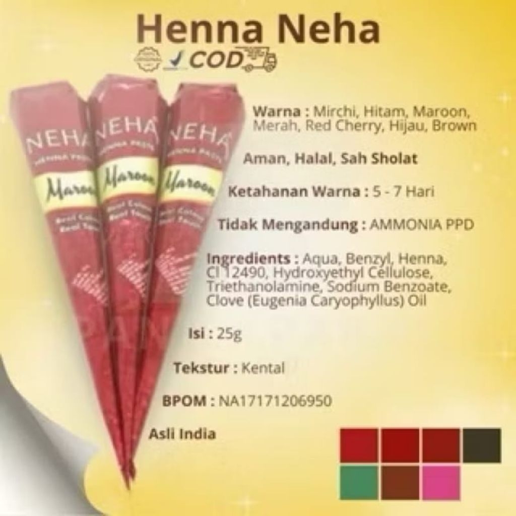Henna NEHA BPOM Halal untuk Tangan & Kuku, Kaki Warna Maroon Merah Hitam Red cherry Mirchi White - P