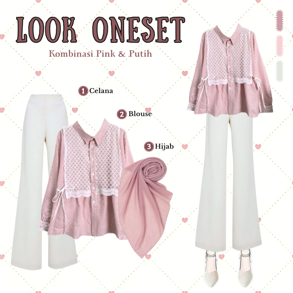 One Set Hijab Wanita 3in1 – Lace Blouse Pink, Celana Scuba Cutbray Putih & Hijab Bella Square Dusty 