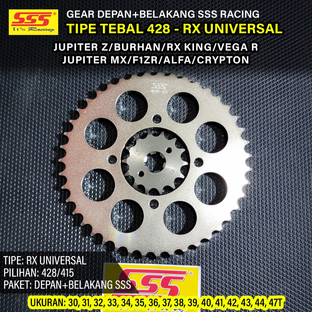 Gear Ger Gir Depan Belakang SSS RX King Jupiter Z F1ZR Jupiter MX 135 Vega R Tipe 428 Ukuran Depan 1