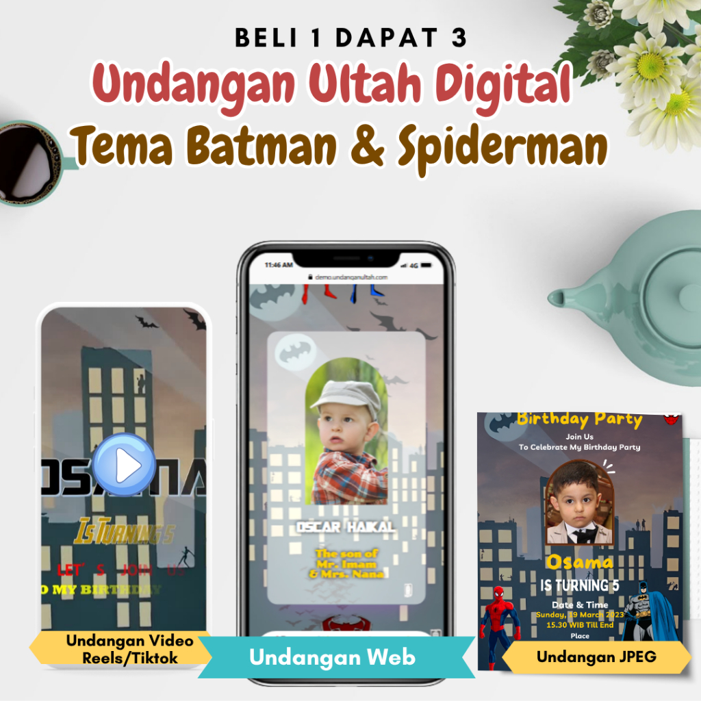[Bonus Video & JPEG] Undangan Ulang Tahun Anak Digital Tema Batman & Spiderman | Ultah Digital