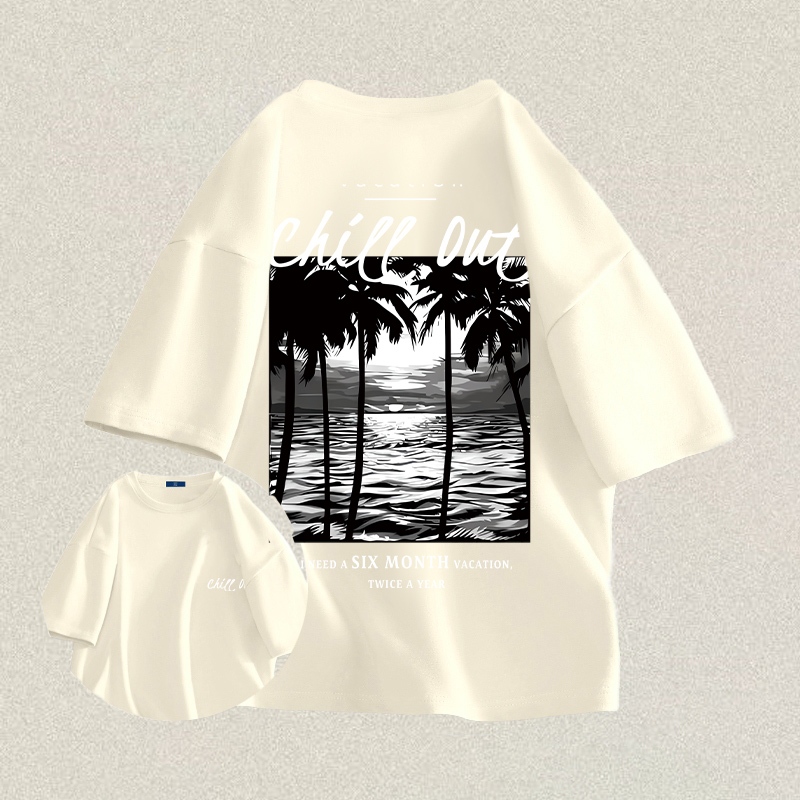 RENELLE Baju Kaos Oversize Pria | Motif Pohon Kelapa Lengan Pendek Cream Yang Dicuci Dengan Motif Pa