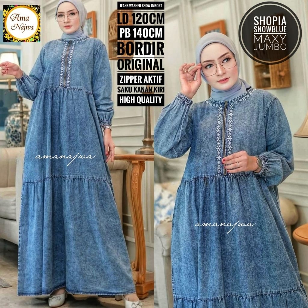 LD 140 | LD 120 Baju Gamis Jeans Washed Snow SOPHIA SNOWBLUE MAXY SUPER JUMBO