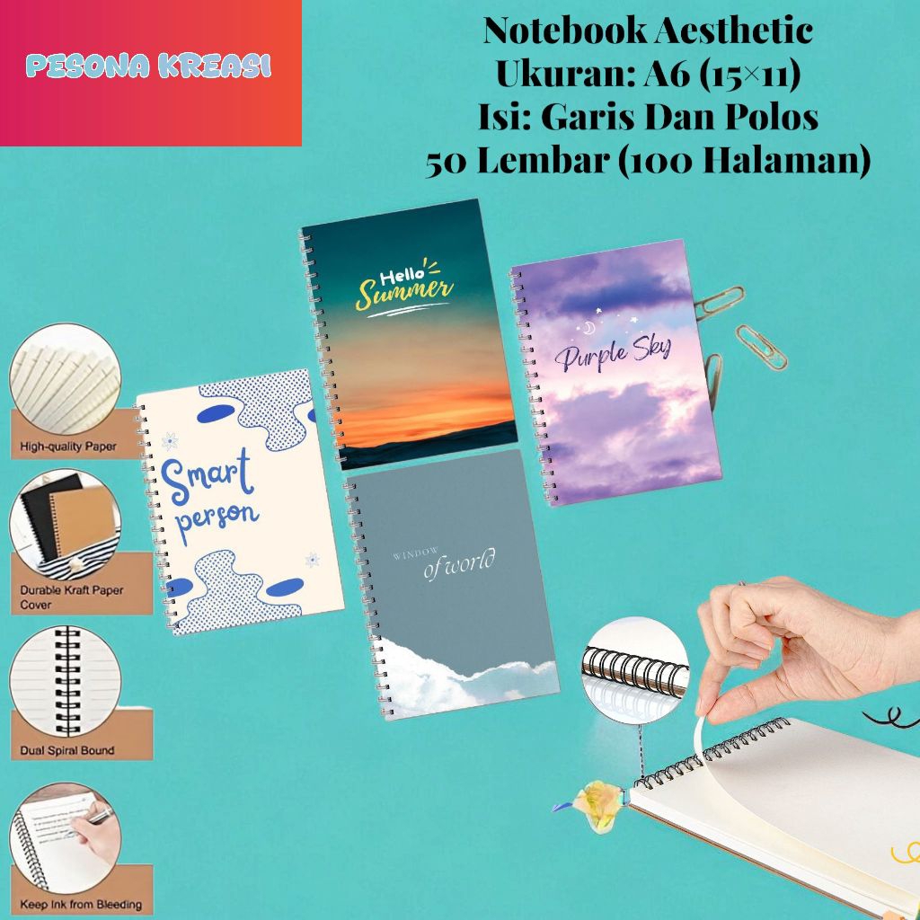 

Premium Notebook A6 Aesthetic Buku Mini Catatan Agenda Ring Sepiral 100 Halaman 50 Lembar