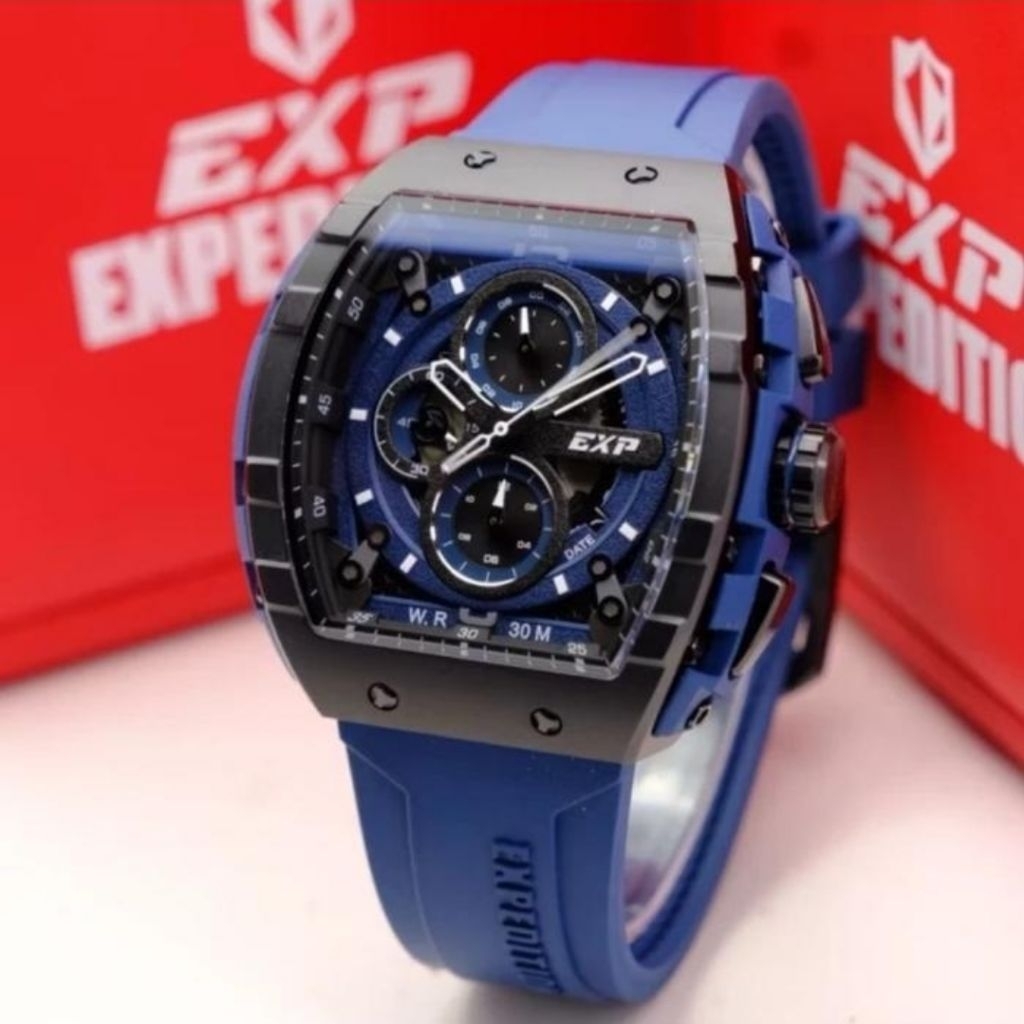JAM TANGAN PRIA ORIGINAL EXPEDITION EXP E6782MC  BLACK BLUE RUBBER STRAP
