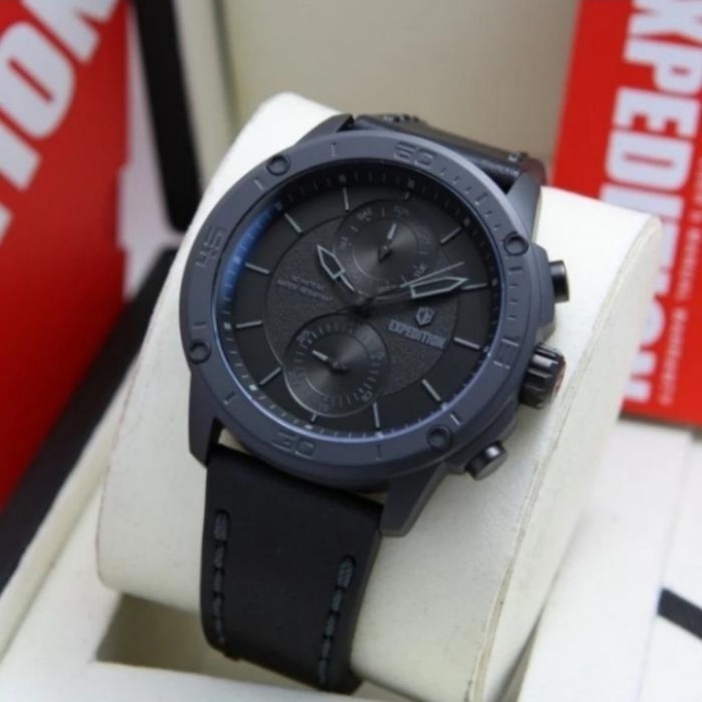 JAM TANGAN PRIA ORIGINAL EXPEDITION E6821MC ALL BLACK LEATHER STRAP