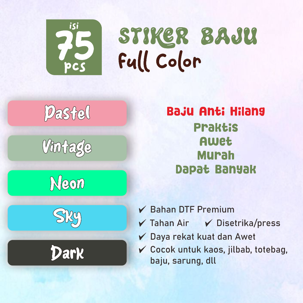 

Sticker Label Nama Kain Baju 75 Pcs Kaos Sablon Setrika DTF Iron Custom Tulisan Contour Tebal