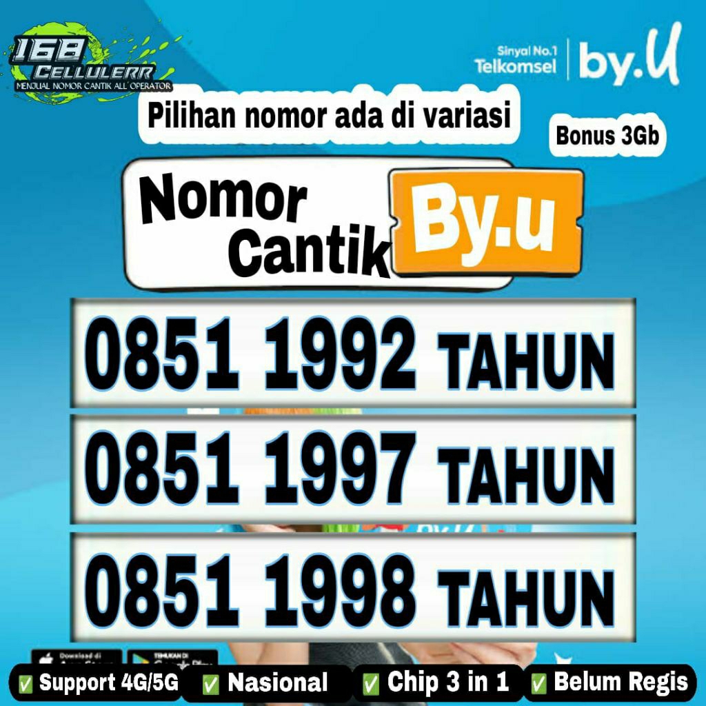 kartu perdana by.u nomor cantik telkomsel support 5G 188 seri tahun