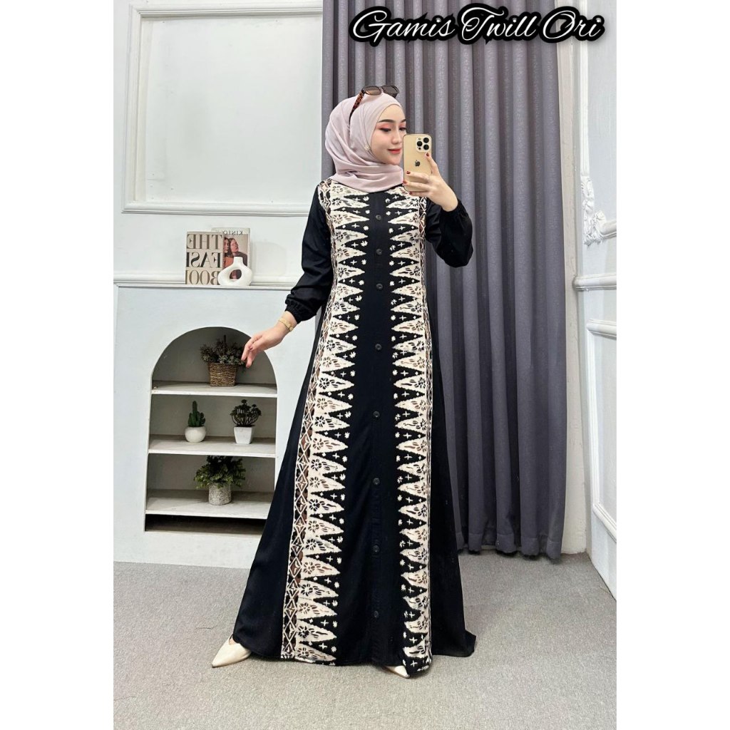 Gamis Twill Ori Terbaru Motif Batangan Kancing Depan Busui
