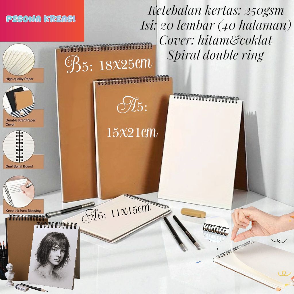 

Premium Buku Gambar Watercolor A5 A6 B5 Vertikal Jilid Spiral, 20 Lembar Dapat Di Balik 360 Derajat