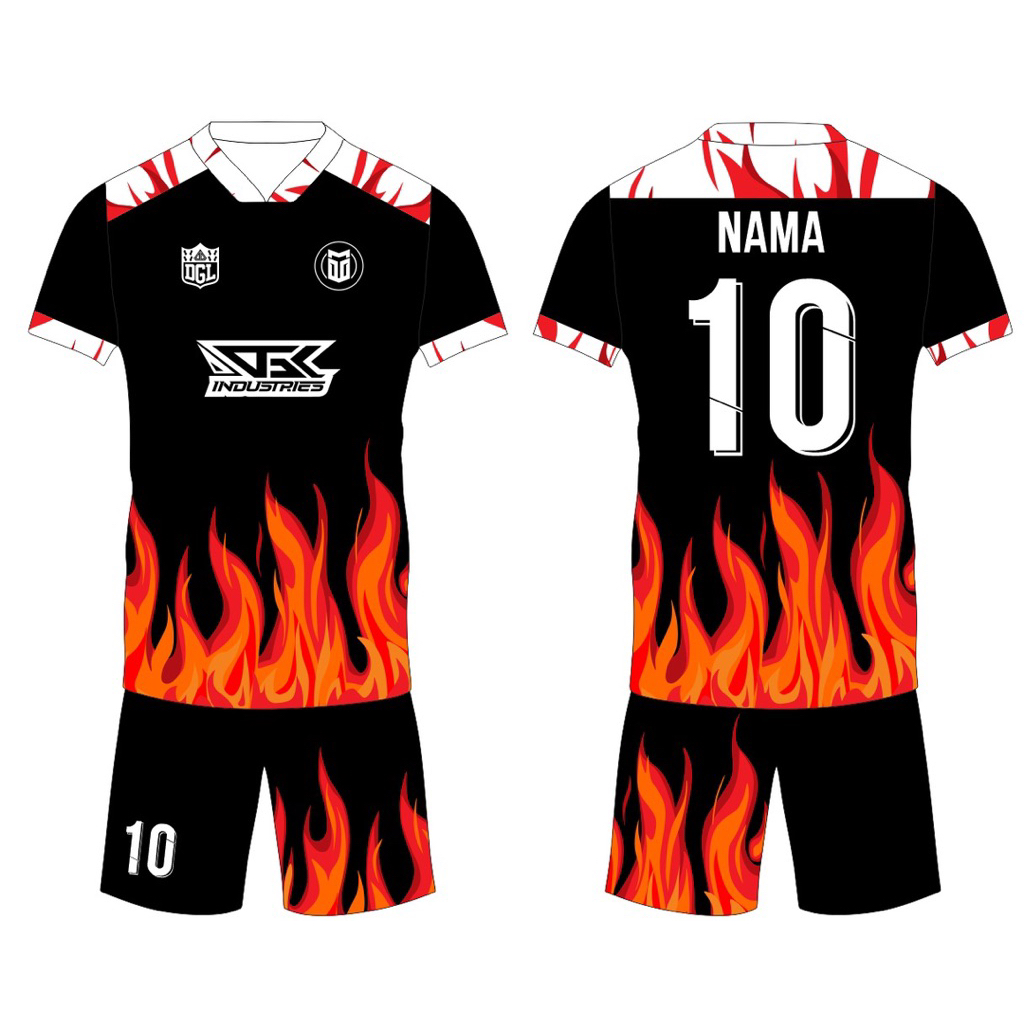 Jersey Jersi Sepak Bola atau Futsal dengan Desain Api Hitam Putih dan Merah