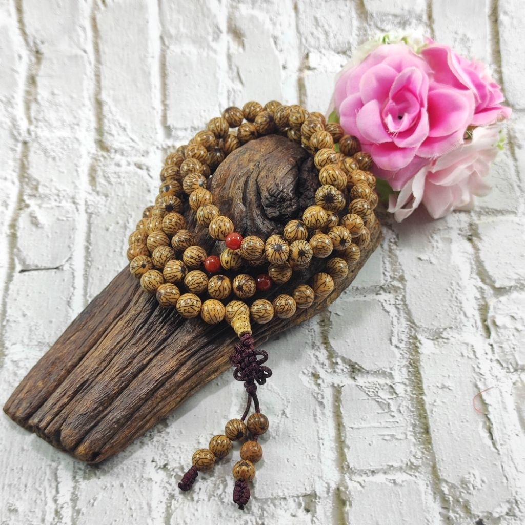 TASBIH BUDDHIST 108 BIJI BODHI MOTIF SERAT COKLAT