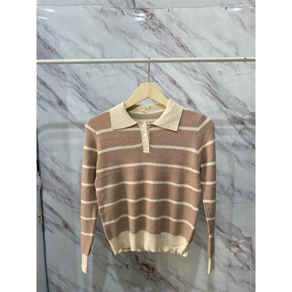 Sweater Rajut Polo Stripe Coklat Susu/Rajut BKK