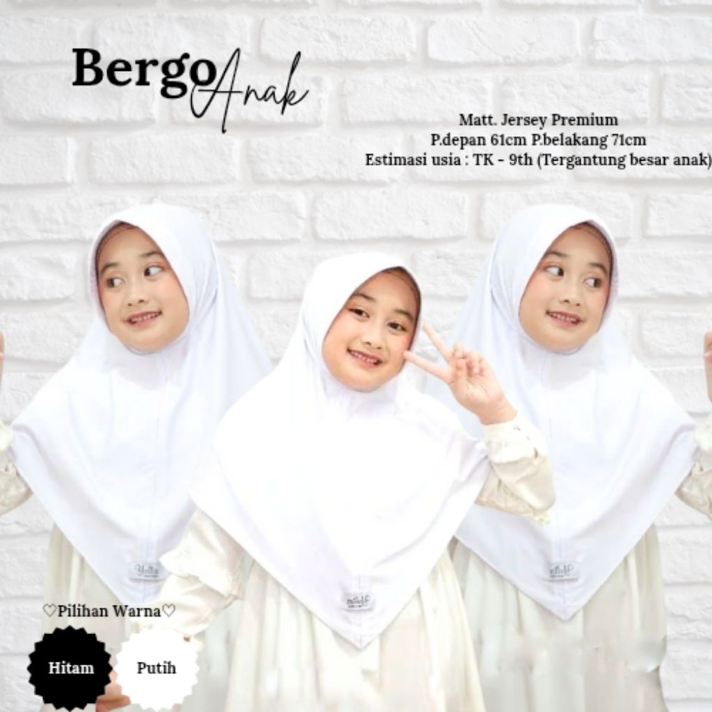 Jilbab Instan Bergo Anak Jersey Premium Adem Usia TK - SD Warna Hitam Putih