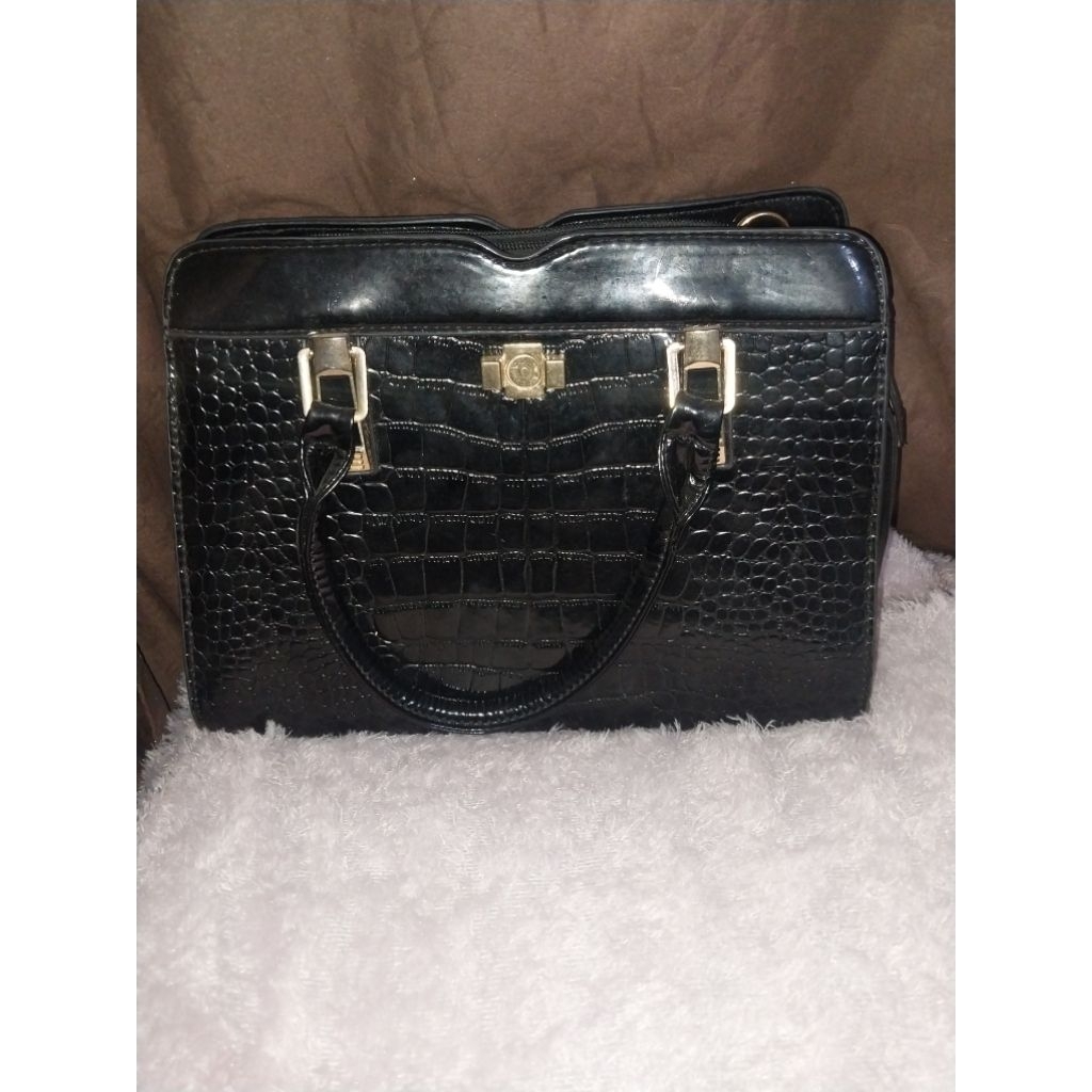 PRELOVED TAS WANITA JINJING KULIT CROCO HITAM TOP HANDLE BAG