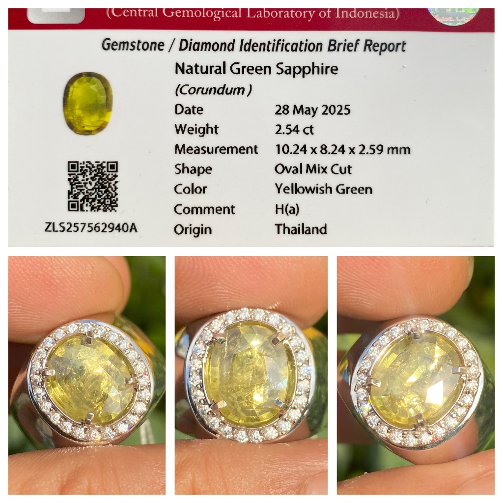 Natural 2.54ct yellow green sapphire thailand heat