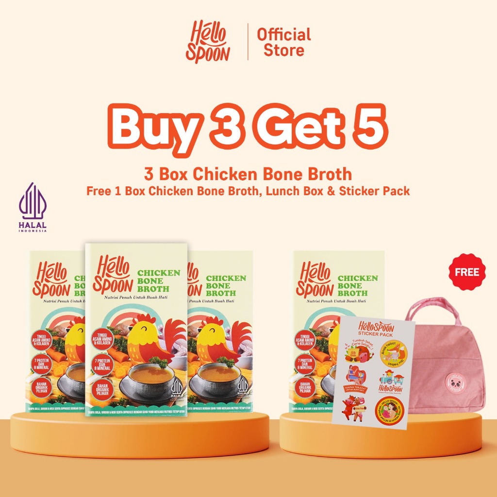 

[BUY 3 GET 5] - 3 Box Chicken Bone Broth Hello Spoon FREE 1 Box Chicken Bone Broth & Tas Bekal - 100% bahan alami - Tanpa MSG & Pengawet