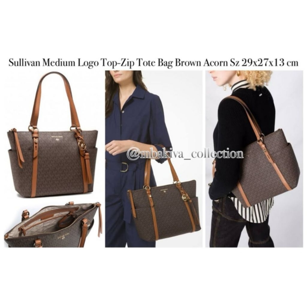 MK Sullivan Medium Logo Top-Zip Tote Bag Brown Acorn