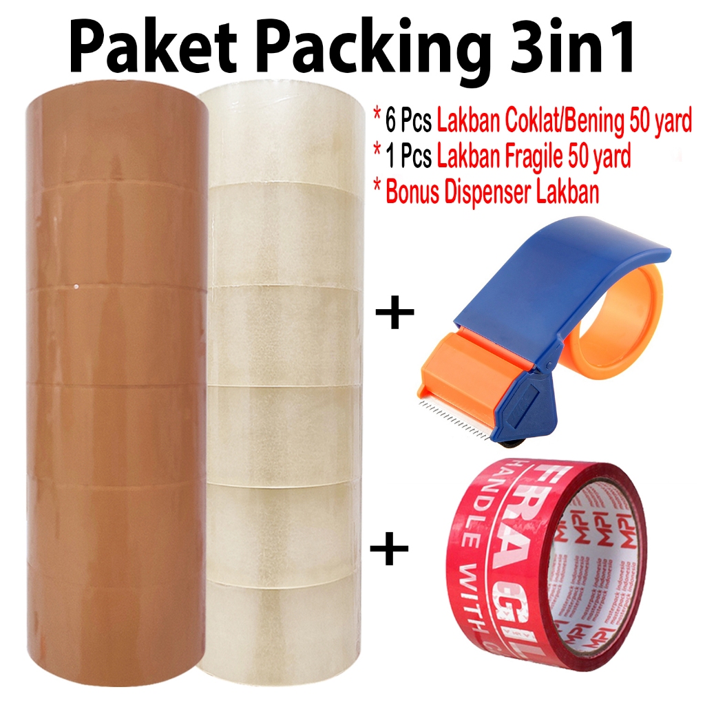 

[BONUS DISPENSER] 6 Pcs Lakban Bening - Coklat 45mm x 50 yard + 1 Pcs Lakban Fragile 48mm x 50 yard