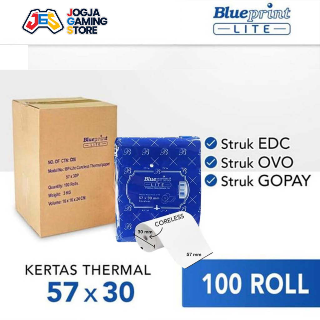

KERTAS THERMAL KASIR STRUK EDC BLUEPRINT LITE 57x30 , 57 x 30 - 1 Dus / 100 Rol