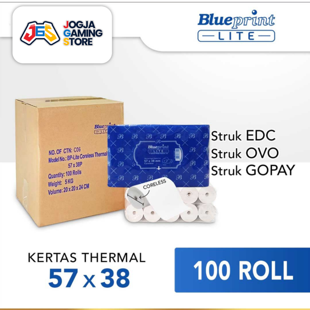 

KERTAS THERMAL STRUK KASIR PPOB EDC KARCIS PARKIR BLUEPRINT LITE CORELESS 57x38 57x40 58x38 - 1 Dus