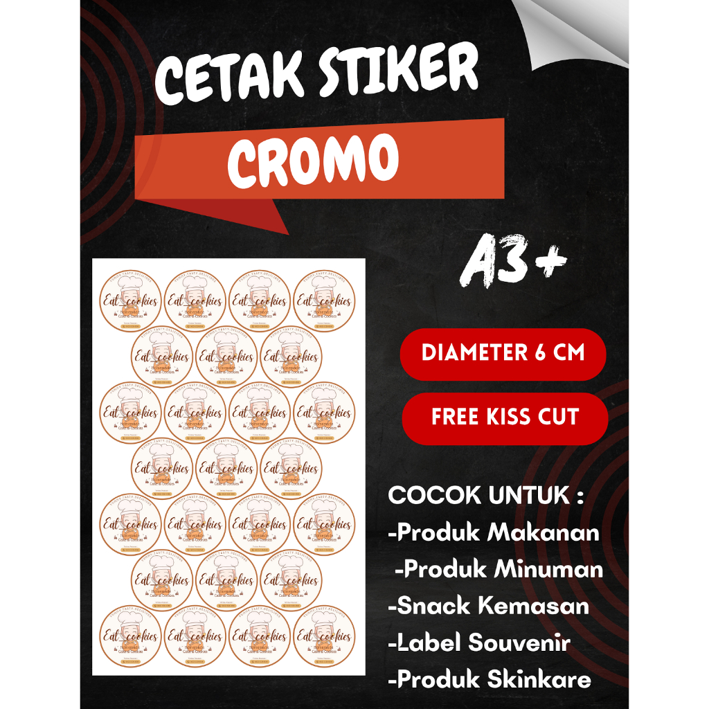 

Stiker Cromo / Cetak Stiker A3+ (Cetak & Cutting) / Stiker Label Produk / Stiker Kemasan / UMKM