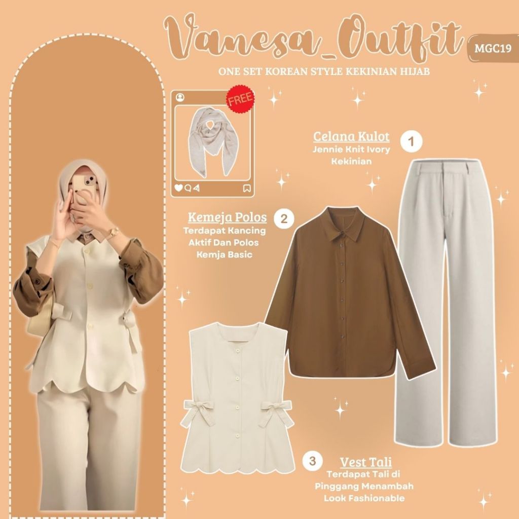 Outfit Korean Style 3in1 Wanita | Celana Kulot Ivory, Kemeja Polos coklat, Vest Tali Cream | Ootd Se