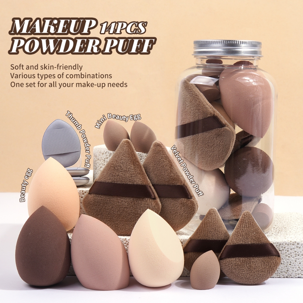 14Pcs Spons Makeup Lembut & Skin-friendly-Spons Bedak Tabur/Powder Puff Foundation/Triangle Cushion 
