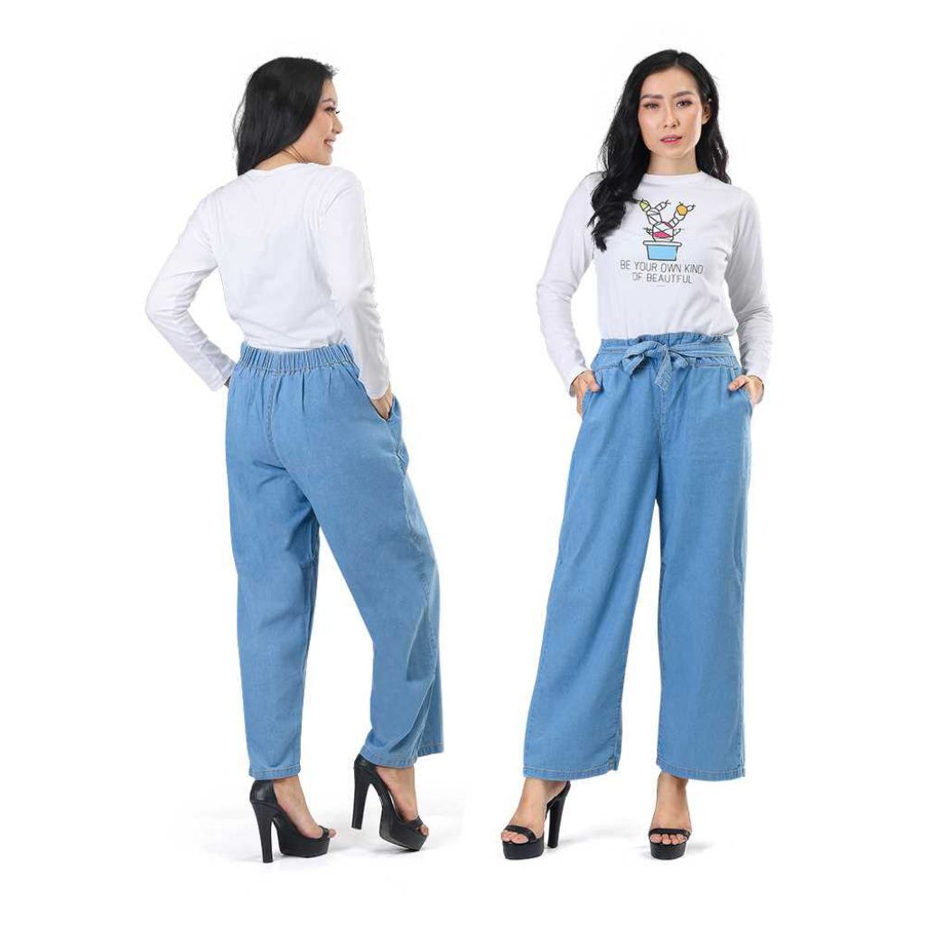 Celana Jeans Palazzo Loose Wanita Light Blue - Celana Kulot Highwaist Jeans Premium Casual - Celana 
