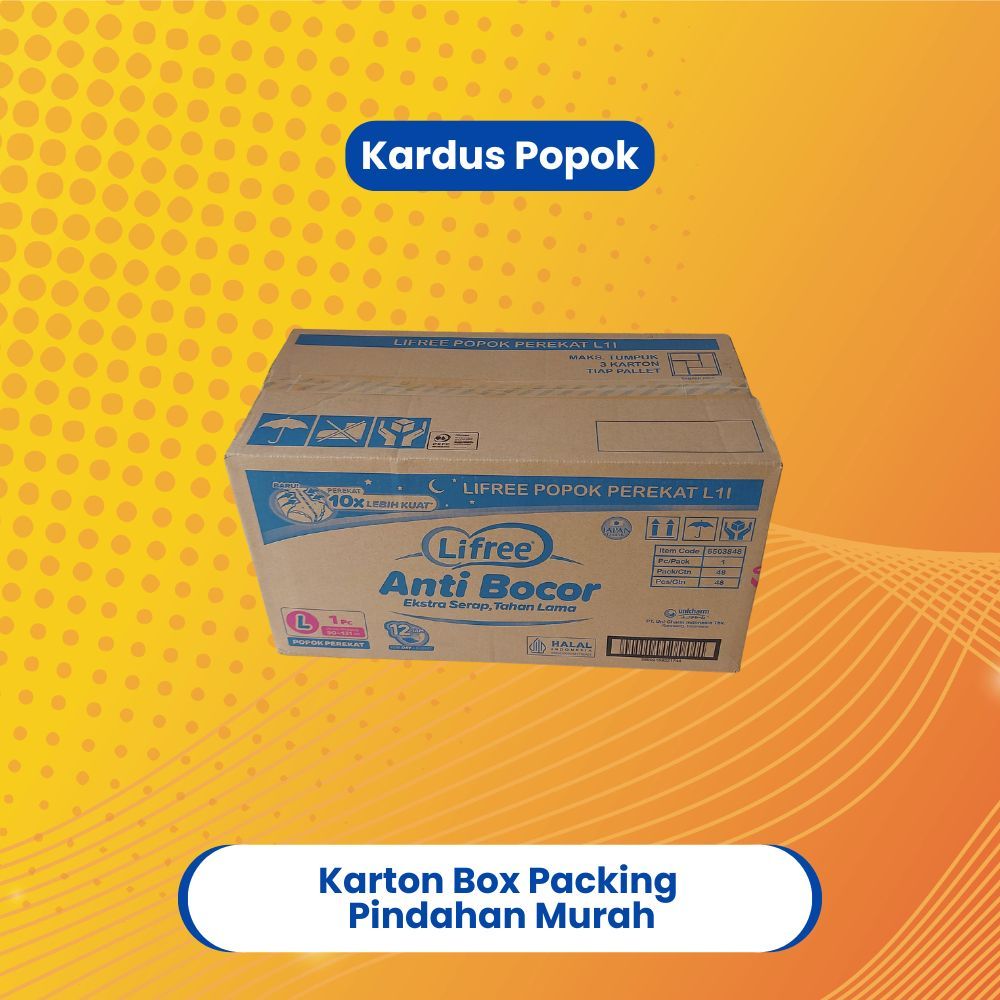 

Kardus ± 31 cm x 63 cm x 35 cm (700 gr) Bekas Popok Lifree Popok Perekat Renceng Single Wall 0.5 cm