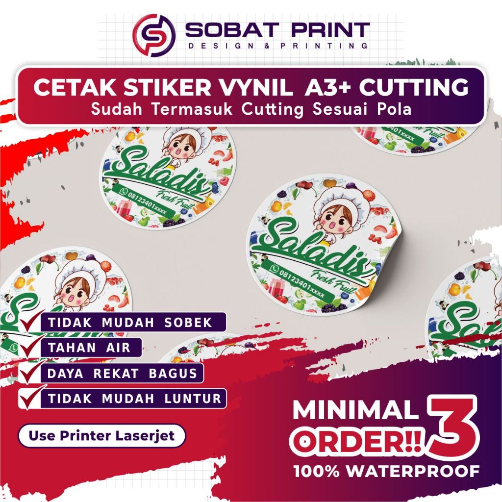 

Cetak Stiker Vinyl / Sticker Glitter Tahan Air A3+ Cutting Custom HalfCut / KisCut / Cetak Stiker Label Kemasan Makanan Minuman/Cetak Stiker Murah