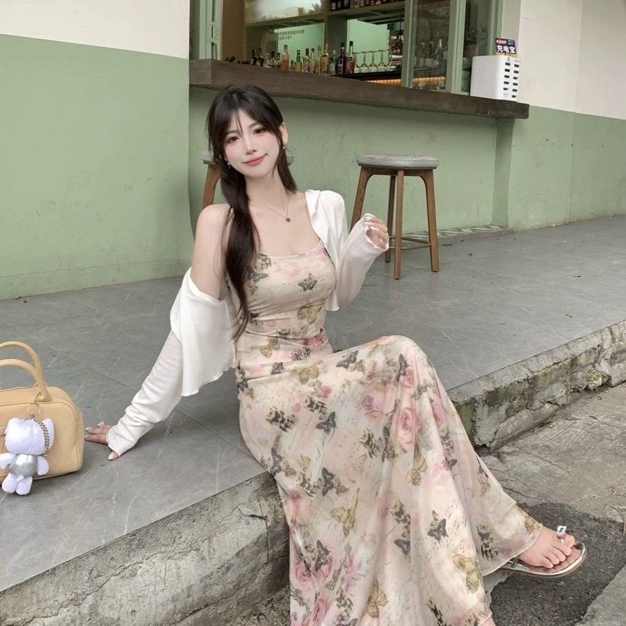 Dress Floral Korea Look – Gaun Panjang Wanita Motif Bunga & Kupu Elegan - dress korea dress wanita e
